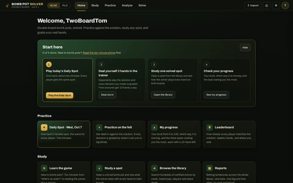 The dashboard: the Daily Spot, the trainer, study and progress in one place