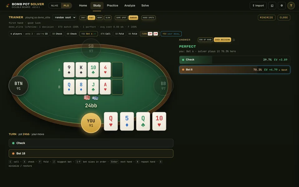 The trainer: play against solved opponents, every decision graded in big blinds