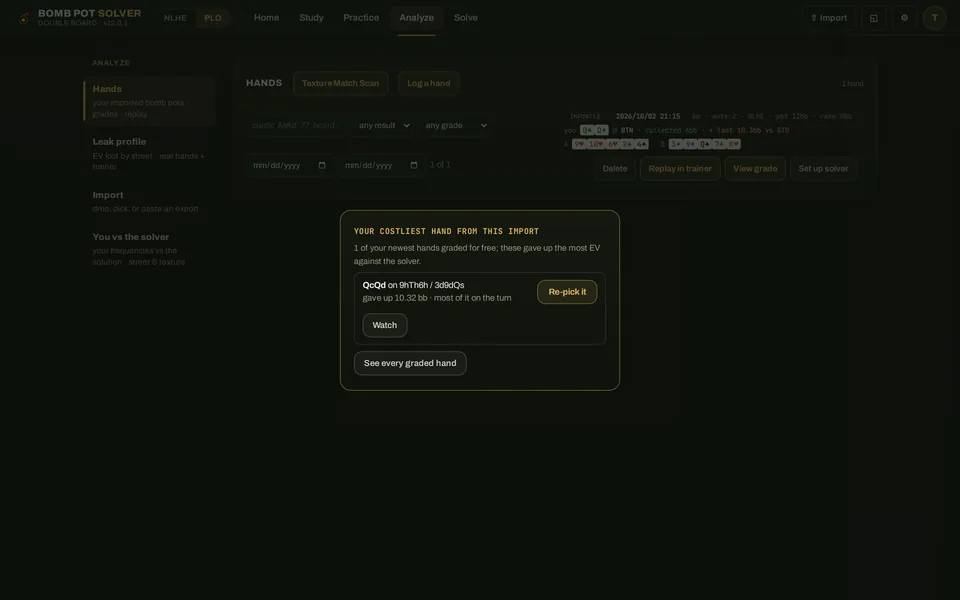 Import a CoinPoker hand history and see the hand that cost you the most